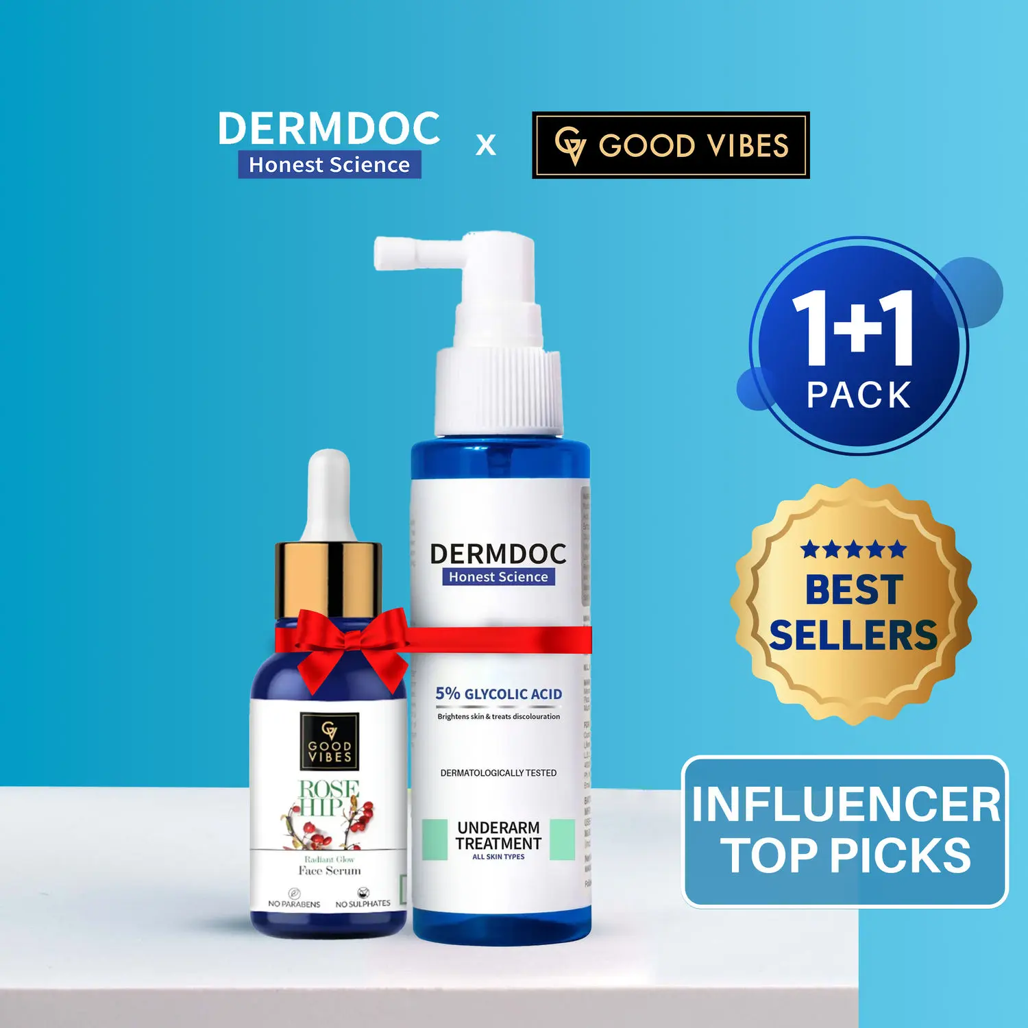 DERMDOC x Good Vibes Combo Kit of Best Sellers | 5% glycolic acid underarm treatment | Rosehip Radiant Glow Face Serum | dark underarm spray, glycolic acid for skin lightening | hyperpigmentation under arms