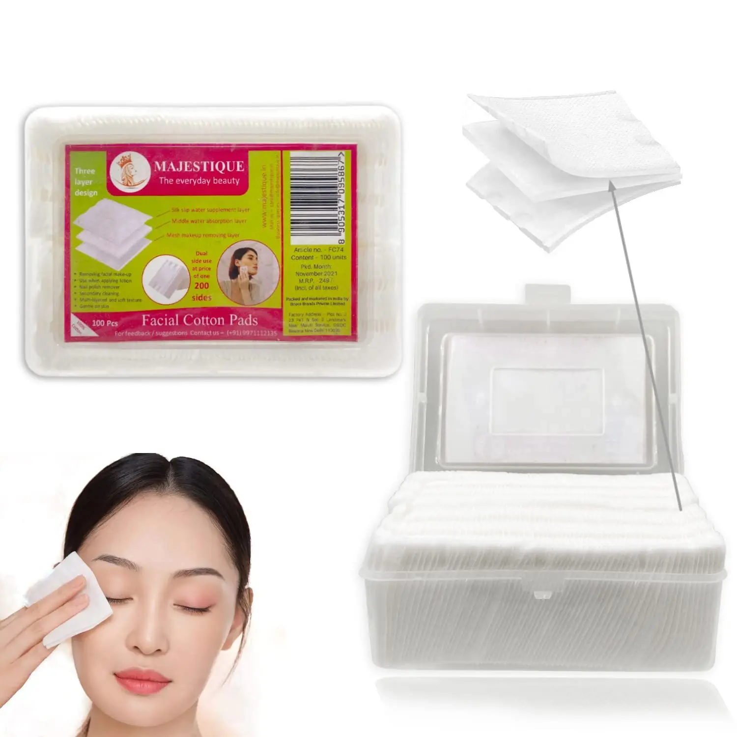 Majestique 100Pcs Soft Touch Facial Cotton Pads, Makeup Remover Wipes for Cleansing Skin & Nail Polish Remover