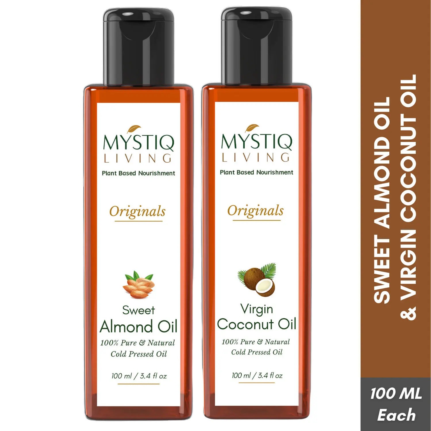 Mystiq Living Sweet Almond Oil & Extra Virgin Coconut Oil Combo 200ML (Pack of 2) -100 ML Each for Hair, Skin, & Baby Massage, Badam Rogan Shirin for Glowing Skin, Almond oil for Face, Facial oil, Cold Pressed, 100% Pure & Natural