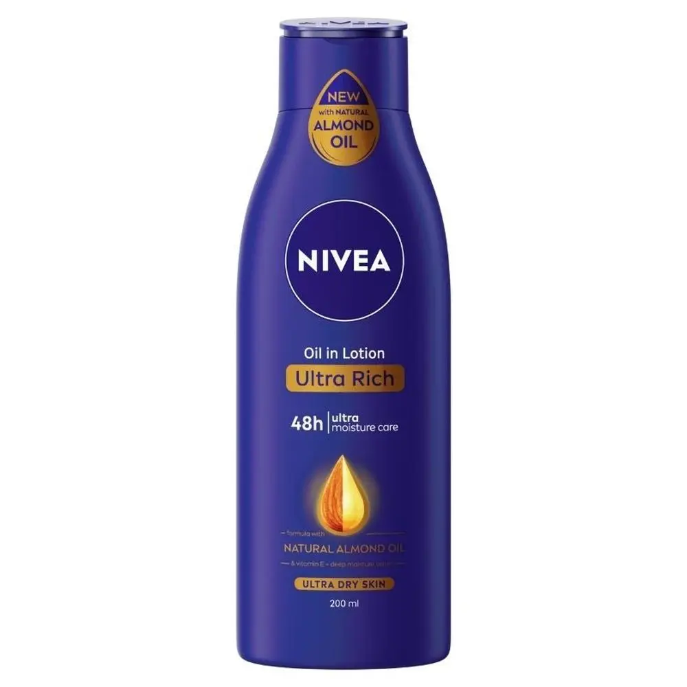 NIVEA Body Lotion for Extremely Dry Skin, Oil in Lotion Ultra Rich, With Natural Almond Oil & Vitamin E, 48h Moisture Care, 200 ml