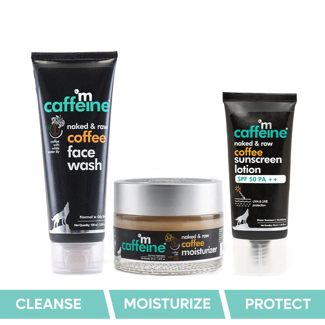 MCaffeine Cleanse-Moisturize-Protect Combo - Face Wash, Oil-Free Moisturizer, SPF 50 PA++ Sunscreen