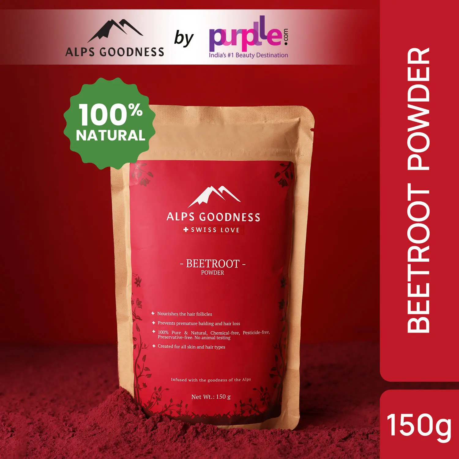 Alps Goodness Powder - Beetroot (150 g)| 100% Natural Powder | No Chemicals, No Preservatives, No Pesticides | Can be used for Hair Mask and Face Mask | Nourishes hair follicles| Brightening Face Pack