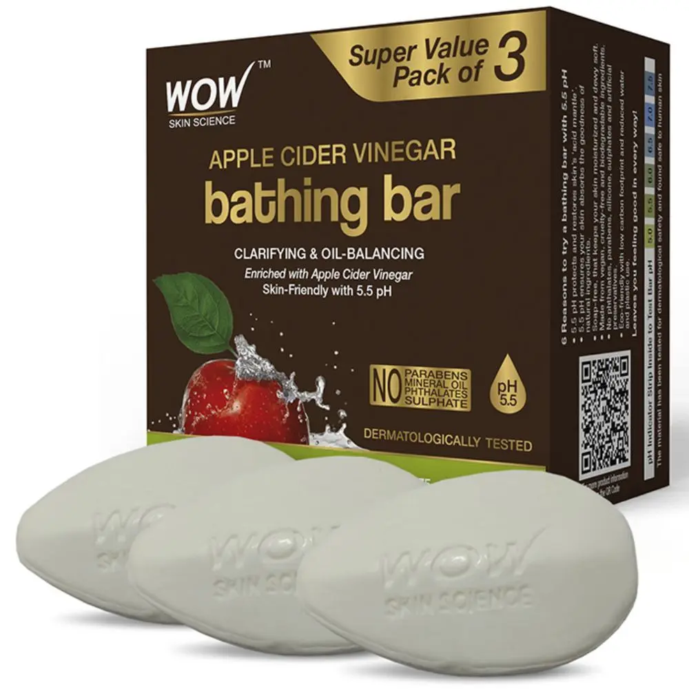 WOW Skin Science Apple Cider Vinegar Bathing Bar For Clarifies Skin & Balances Oil - No phthalates, parabens, silicone, sulphates - 225g