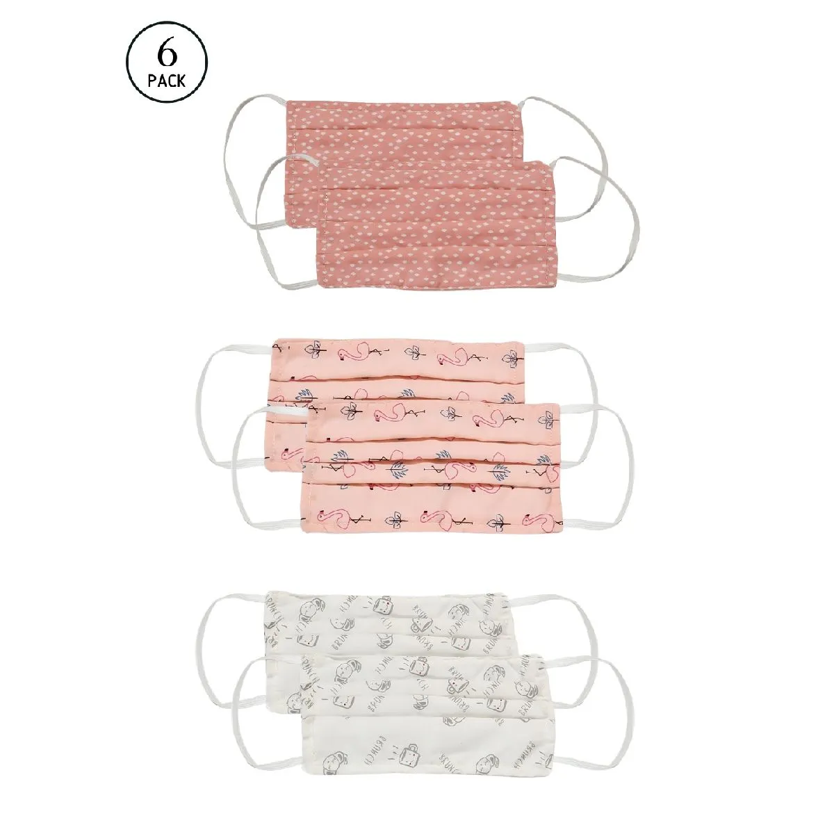 Bellofox Alice,flamingo And Brunch 3-layer 3-ply Reusable & Washable Cotton Face Mask (set Of 6)