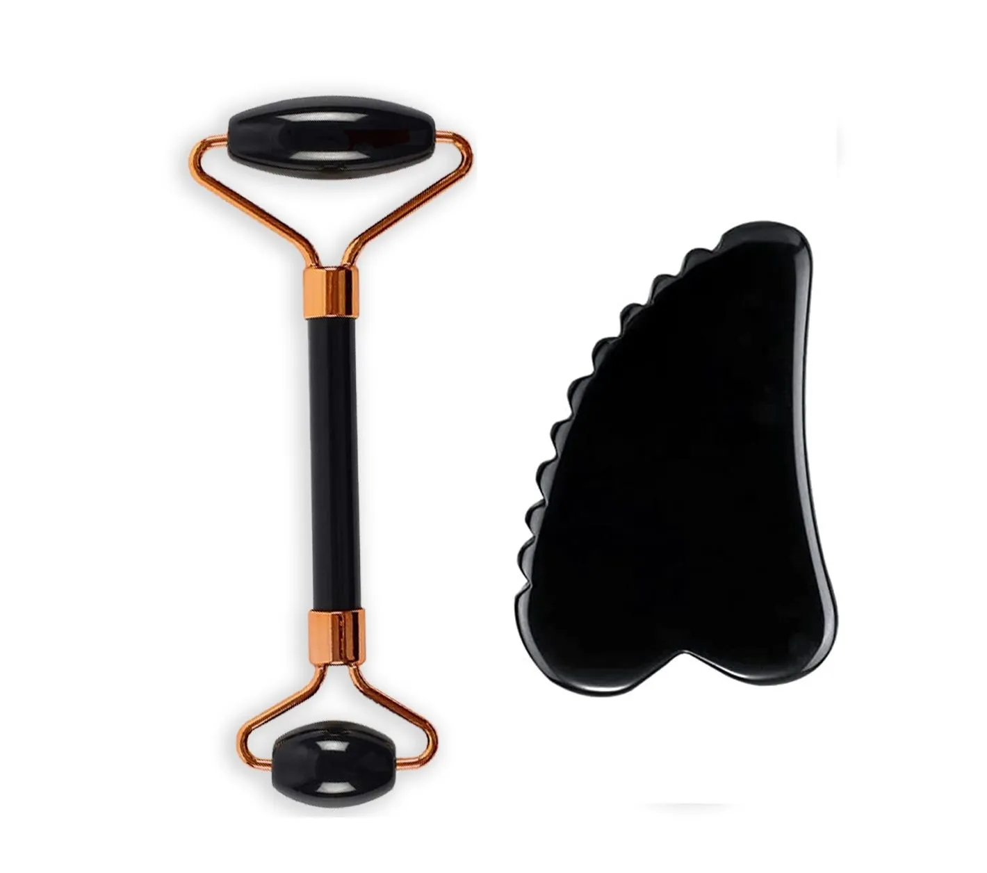 Getmecraft Black Obsidian Facial Roller And Comb Edge Gua Sha Massage Tool Set