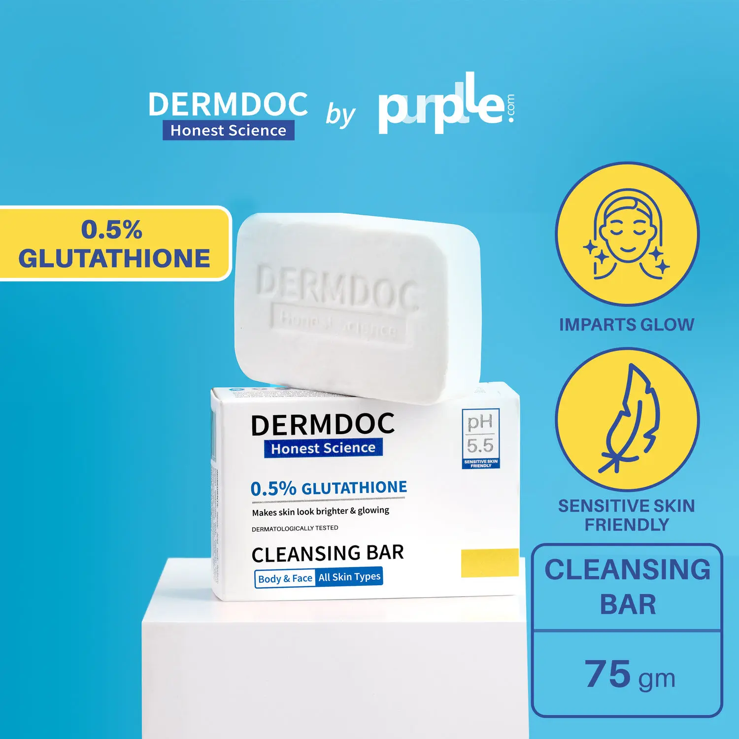 Dermdoc by Purplle 0.5% Glutathione Cleansing Bar (75 g) | gentle deep cleansing bar | skin glow | soap free glutathione cleansing bar