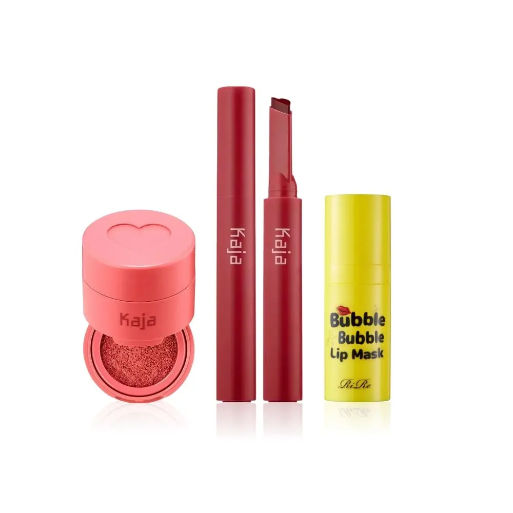 Korean Lipcare Makeup Bundle | Kaja Lip Gloss Stick (Too Hot), Kaja Cheeky Stamp (Bossy), RIRE Bubble Lip Mask