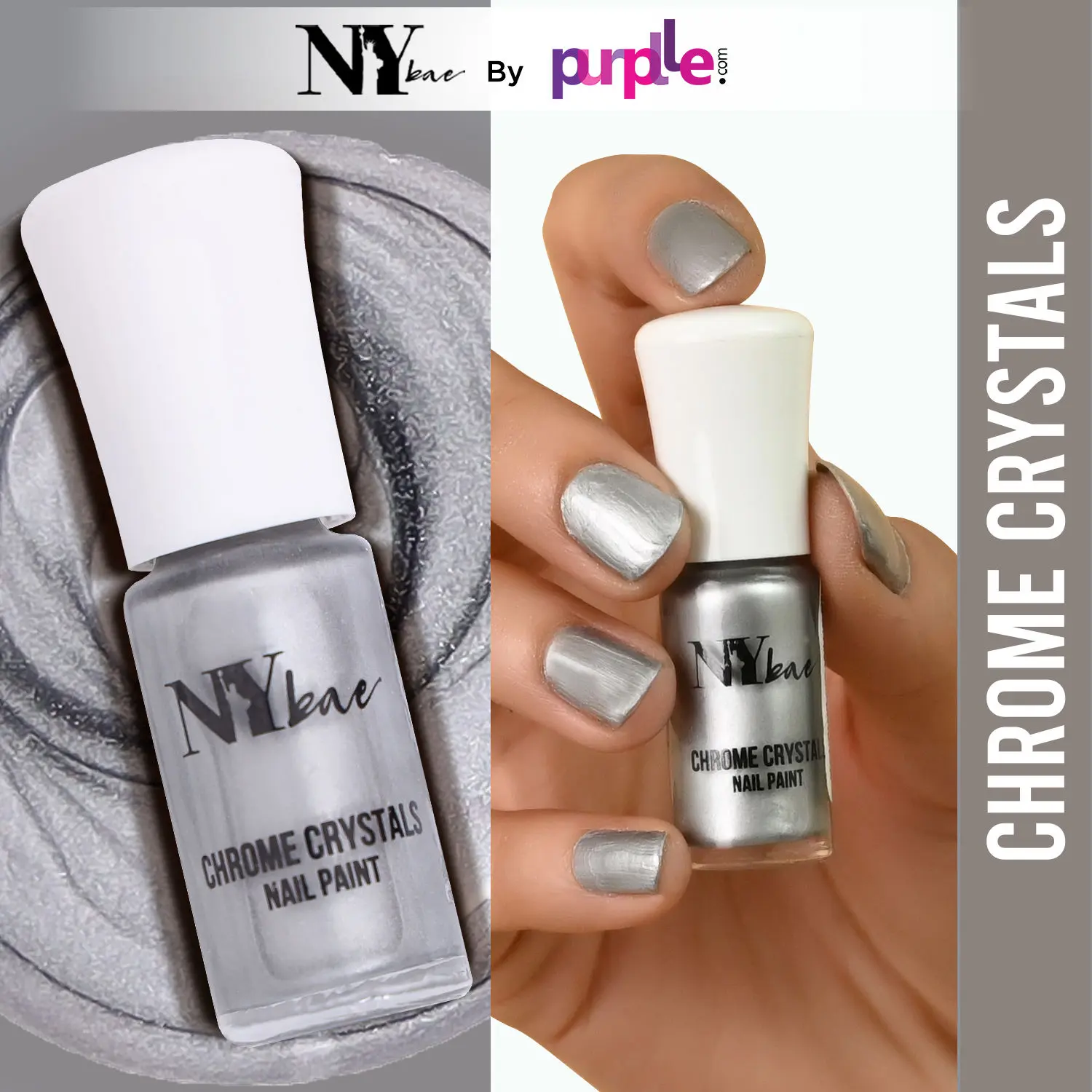 NY Bae Chrome Crystals Nail Paint - Silver Citrine 04 (3 ml) | Silver | Glossy Finish | Rich Pigment | Chip-proof | Full Coverage | Vegan