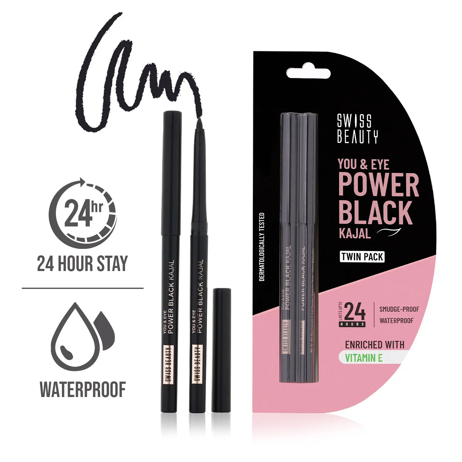 Swiss Beauty You & Eye Power Black Kajal Twin Pack | 24 Hrs Stay Long Lasting Kajal with easy to glide application | Smudge proof and Waterproof | Creamy Texture | Pack of 2 , Qty |