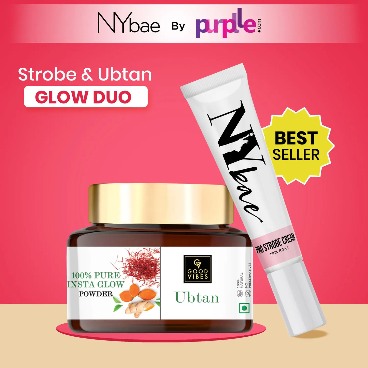 NYBae Strobe & Ubtan Glow Duo By Purplle | Pink Topaz Strobe Cream | Korean Glow | Ubtan Glow Powder | Brightening Kit | Makeup Kit