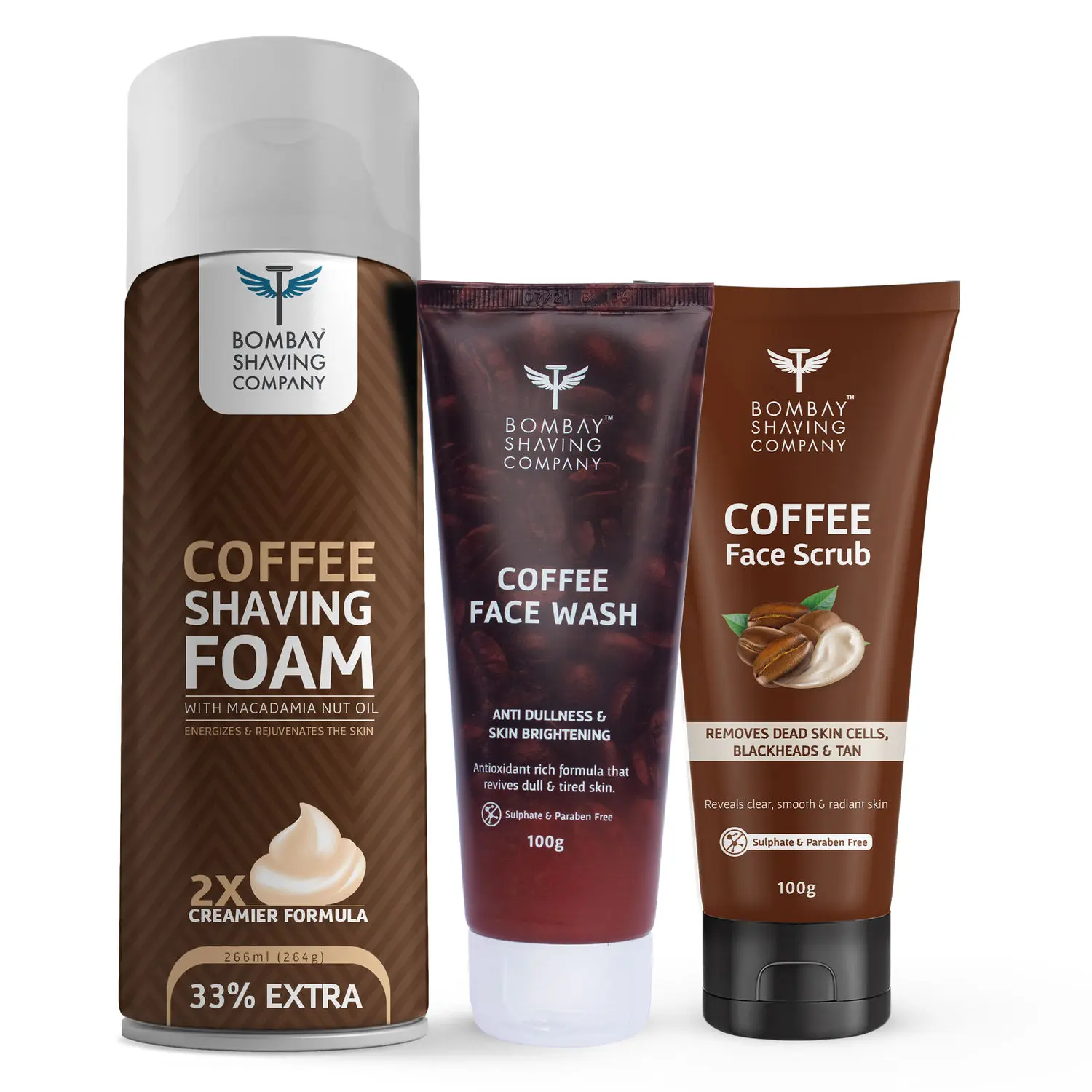 Bombay Shaving Company Coffee Revitalising Kit (Set of 3) | Deep Cleansing Set & De-Tan removal Coffee Face wash, Face Scrub Pack & Shaving foam