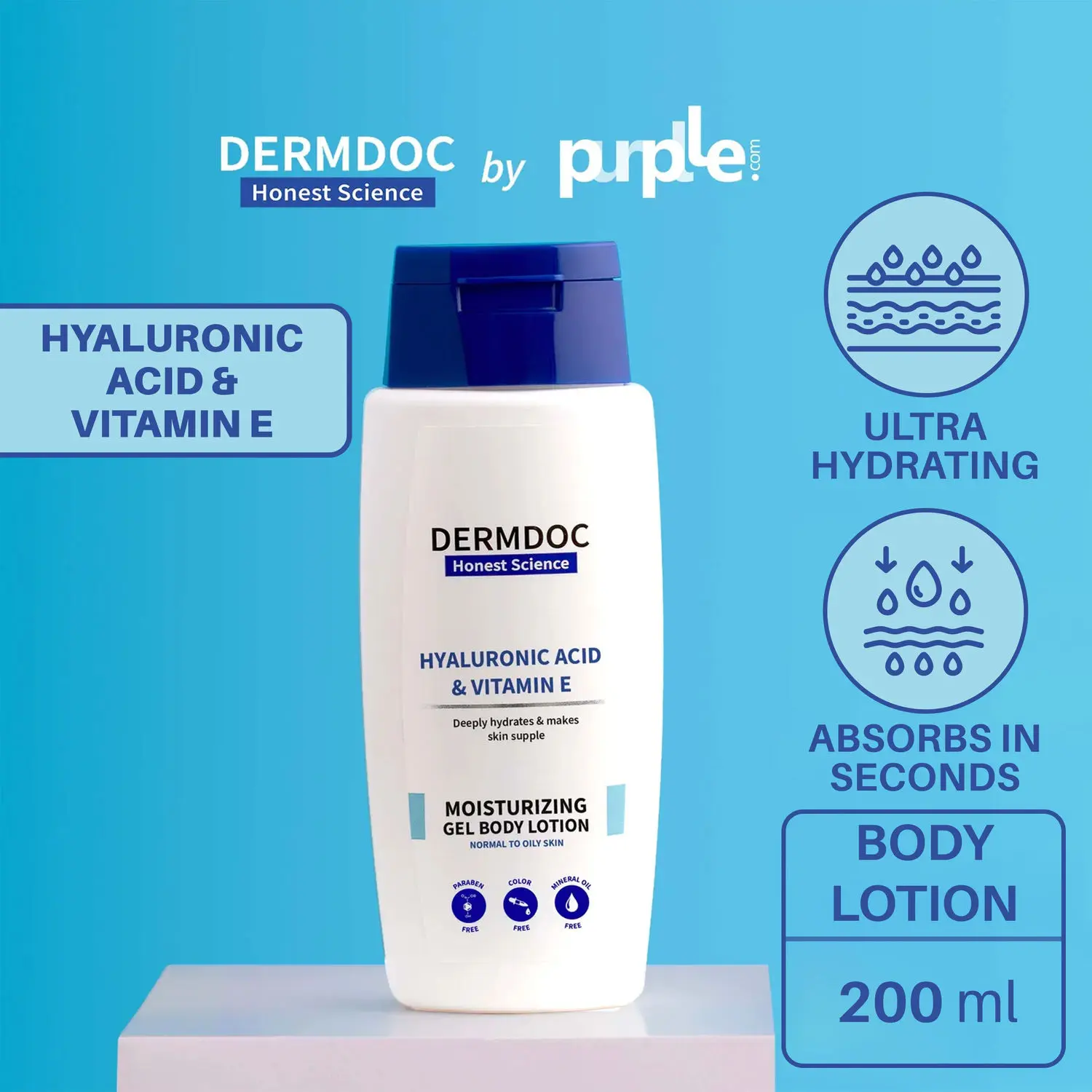 DERMDOC by Purplle Hyaluronic Acid & Vitamin E Moisturizing Gel Body Lotion Normal to Oily Skin (200ml) | body lotion for summer | non-greasy | cooling lotion | hydrating gel lotion