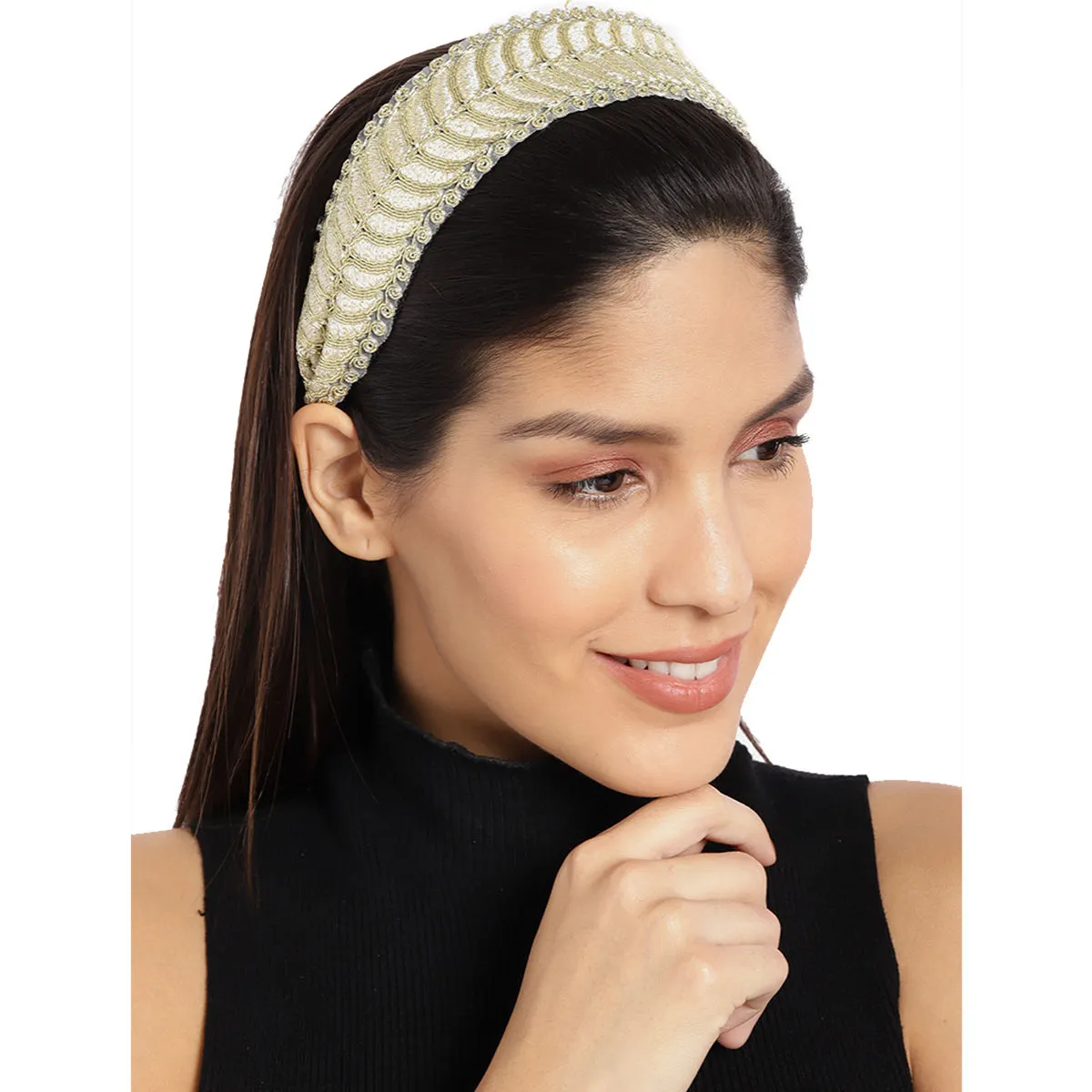 Toniq Gold-Toned Embroidered Hairband For Women