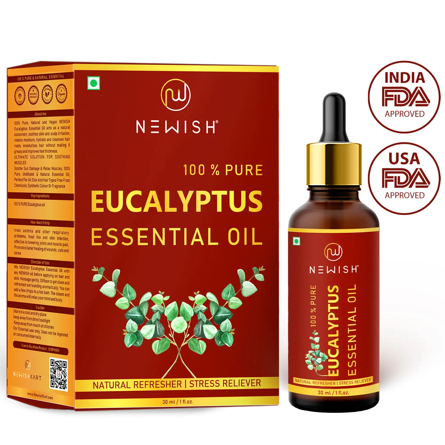 Newish Eucalyptus 100% Natural Essential Oil Pure & Undiluted Therapeutic Grade, for Hair, Beard, Skin, Face and Diffuser 30ml