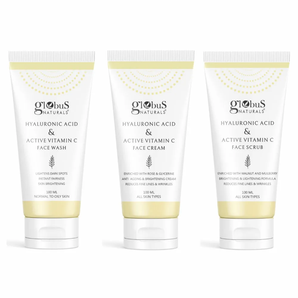 Globus Naturals Hyaluronic Acid + Vitamin C Anti-Ageing + Brightening Face Care Combo - Set of 3