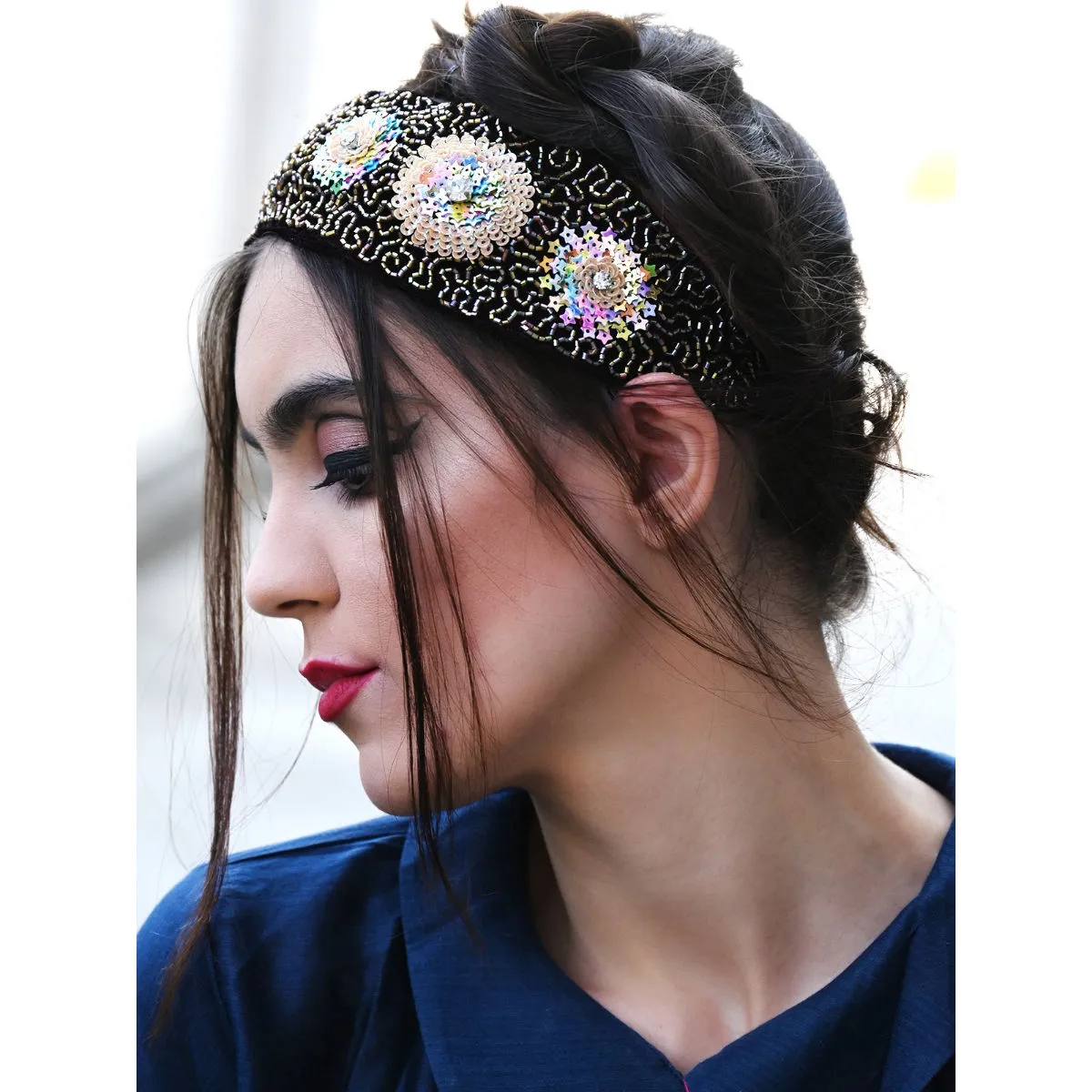 Odette Dark Maroon And Multicolour Tickle Velvet Hairband