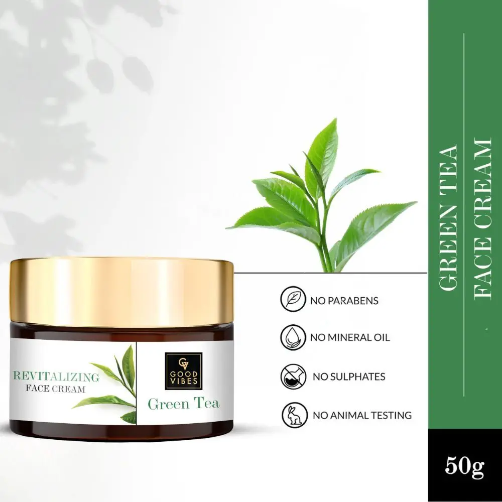 Good Vibes Green Tea Revitalising Face Cream | Moisturizing, Hydrating | No Parabens, No Sulphates, No Mineral Oil, No Animal Testing (50 g)