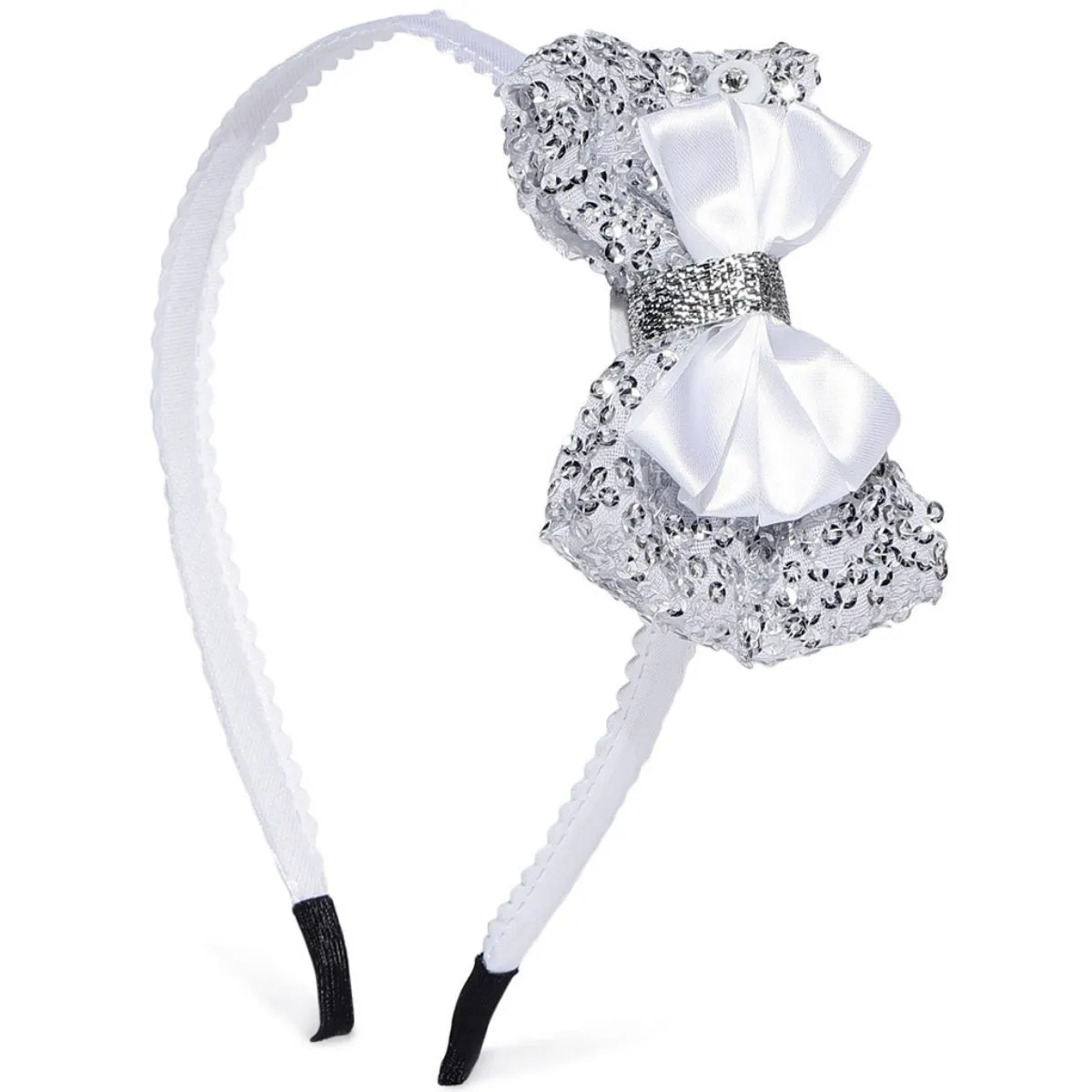 AccessHer Collection Princess Soft Feel Tight Grip White Silver Cloth Bow Hair Band (HB0120RR150W)