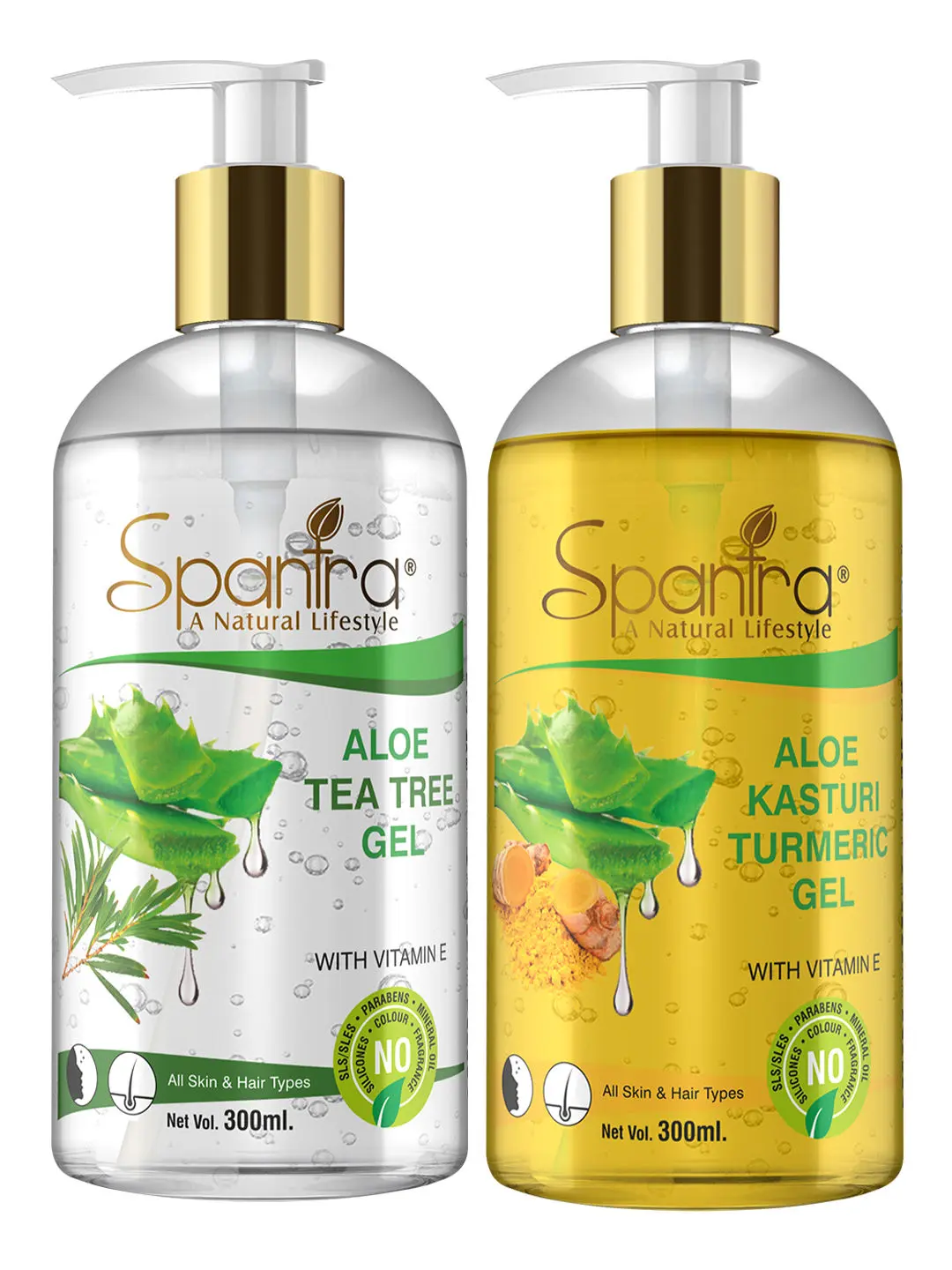 Spantra Aloe Tea Tree Gel & Kasturi Turmeric Gel 300 ml Each Pack of 2