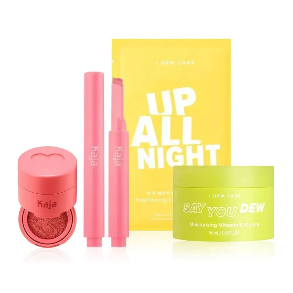 Korean Face Makeup Bundle - 02| Kaja Lip Gloss Stick (Sweet Talk), Kaja Cheeky Stamp (Bossy), I DEW CARE Say You Dew Vit C Cream, I DEW CARE Sheet Mask (Up all Night)