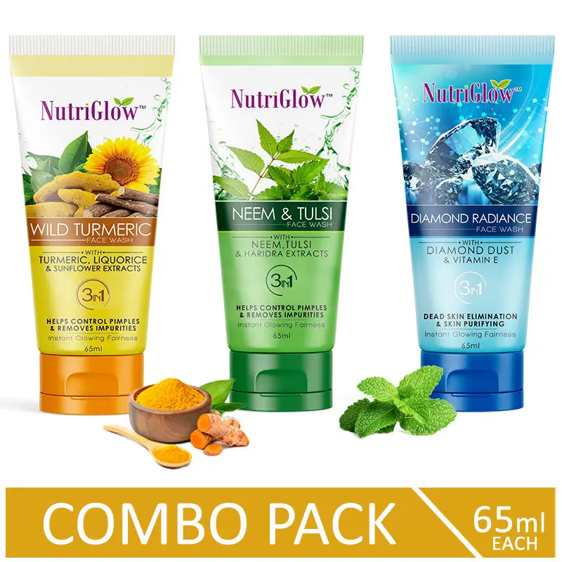 NutriGlow Combo of 3 Face Wash- Diamond Radiance/ Wild Turmeric & Neem & Tulsi For Gentle Cleansing (65ml each)