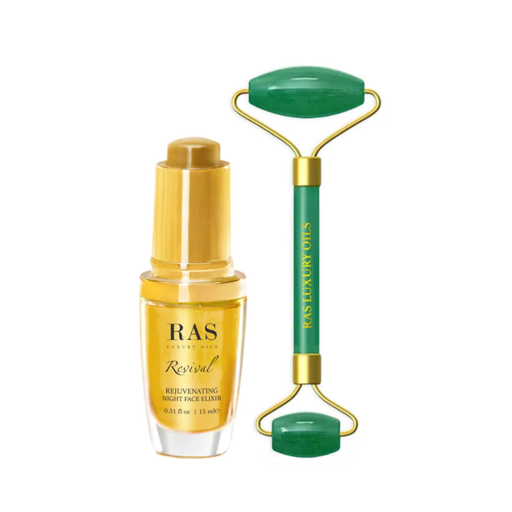 RAS Luxury Oils Revival Rejuvenating Night Face Elixir + Jade Facial Roller - 15ml