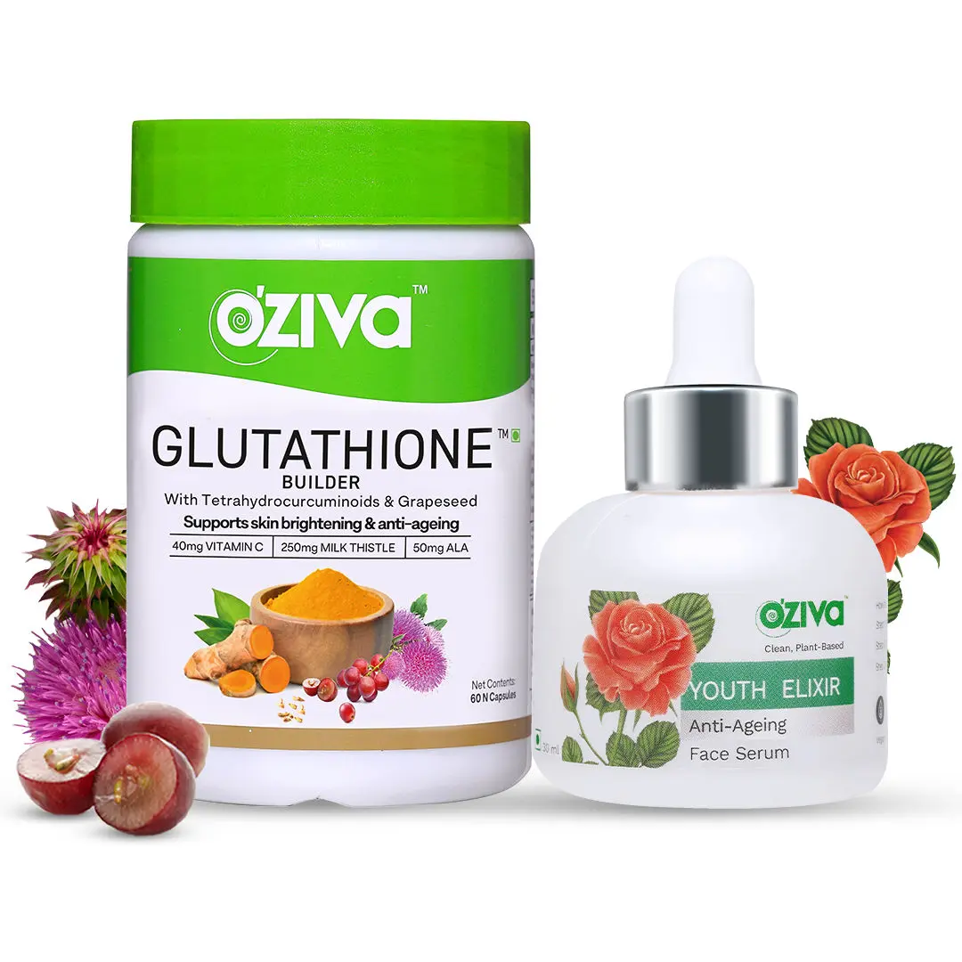 OZiva Brighter, Younger Skin Routine (Glutathione Builder + Youth Elixir Anti-Ageing Face Serum)