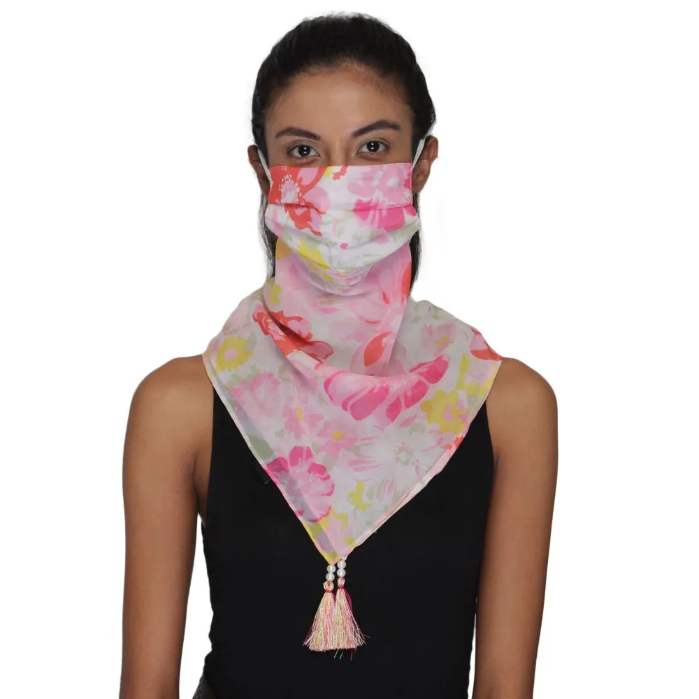 Anekaant 3-Ply Reusable Pink & Multi Poly Chiffon Printed Tesselled Scarf Style Fashion Mask