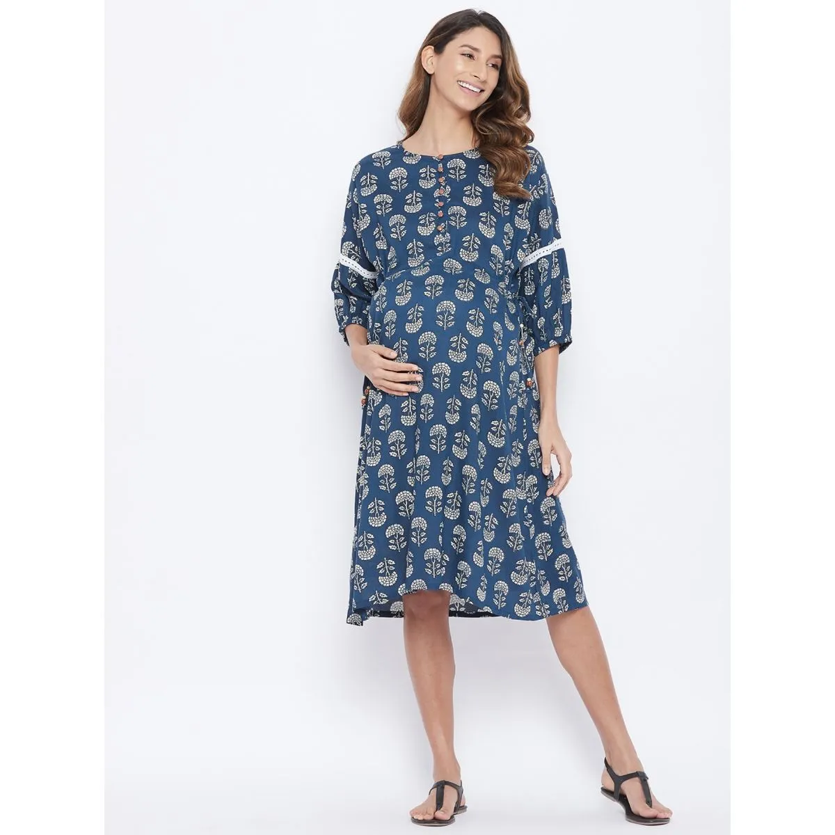 The Kaftan Company Printed Floral Maternity Dress - Navy Blue (3XL)