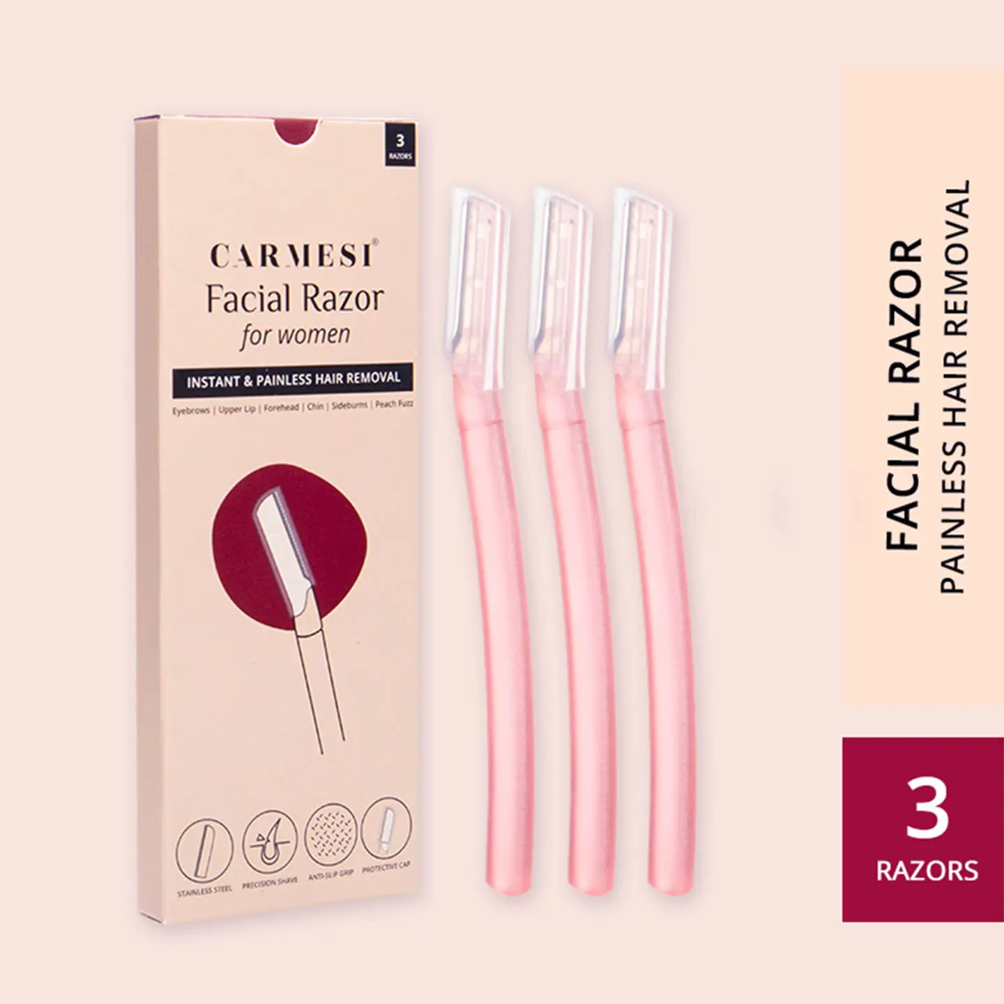 Carmesi Facial Razor for Women - For Instant & Painless Hair Removal (Eyebrows Upper Lip Forehead Peach Fuzz Chin Sideburns) - Pack of 3