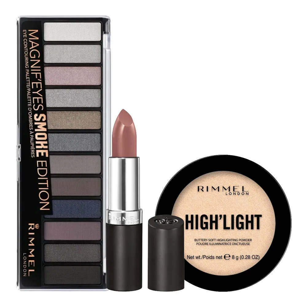 Rimmel London Combo Eye Shadow Palette- Smoke, Lipstick- Get Dirty & Stardust High'light Powder