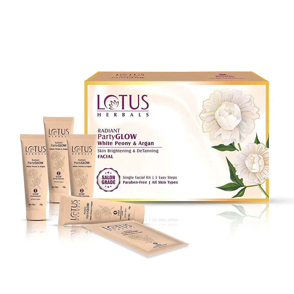 Lotus Herbals Radiant PartyGLOW White Peony & Argan Oil Detanning Facial Kit | 5 Easy Steps | Paraben Free | Salon Grade | All Skin Types | Pack of 1 | 57g