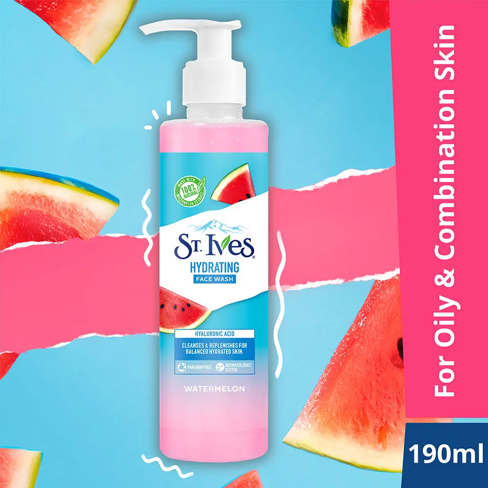 St. Ives Watermelon Hydrating Face Wash Cleanser for Combination Skin Deep Cleansing and Hydration with 100% Natural Extract & Hyaluronic Acid 190g