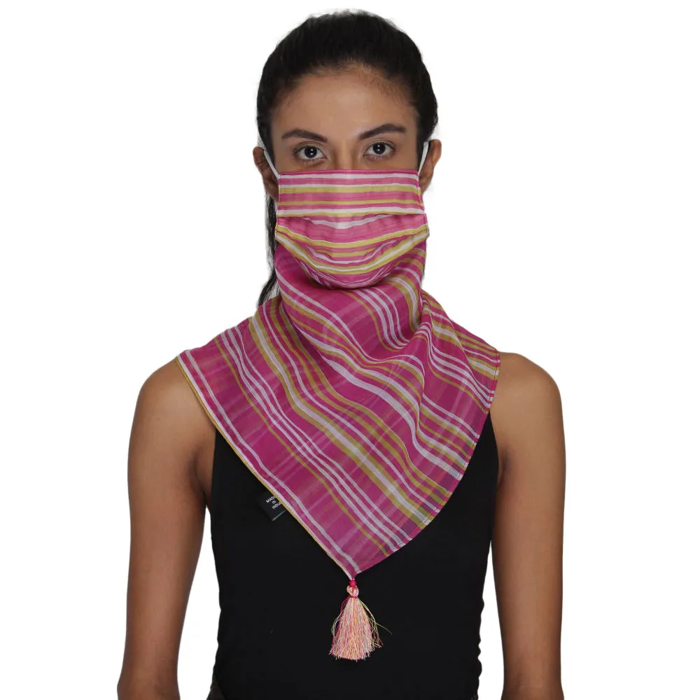 Anekaant 3-Ply Reusable Pink & Multi Poly Chiffon Striped Tesselled Scarf Style Fashion Mask