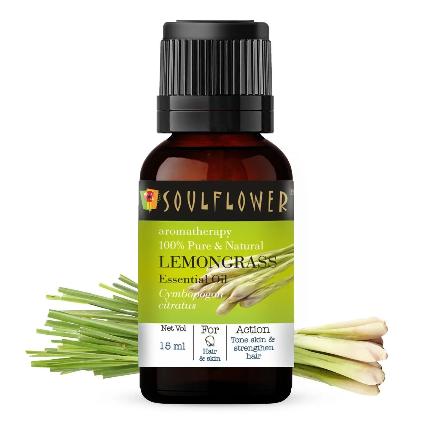 Soulflower Lemongrass Essential Oil, For All Skin & Hair Type, 100% Pure & Natural, Therapeutic Grade Aromatherapy, Citrus, 15ml