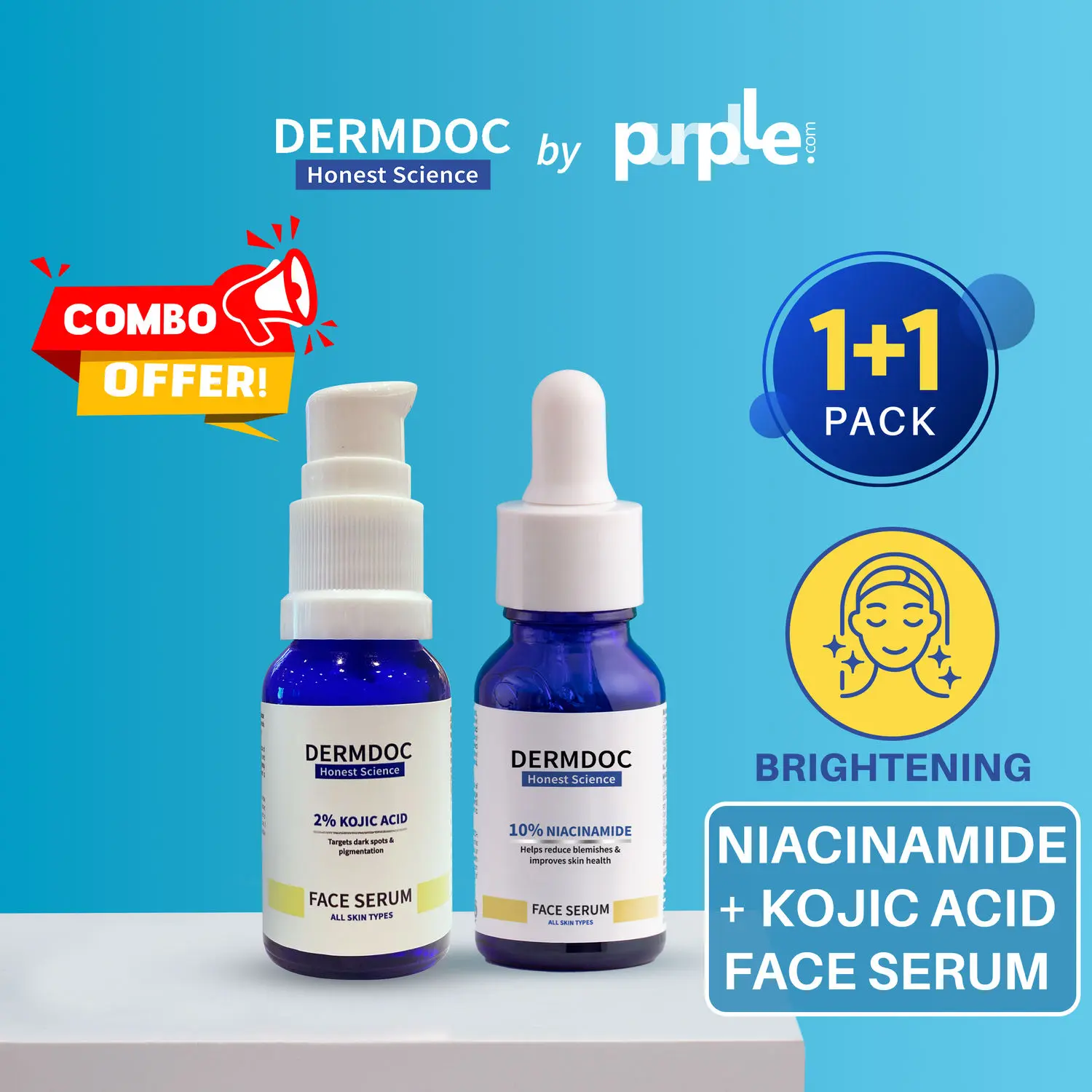 DERMDOC Combo Kit for Radiant Skin | niacinamide face serum | kojic acid face serum | brightening serum | dark spots | hyperpigmentation | value pack