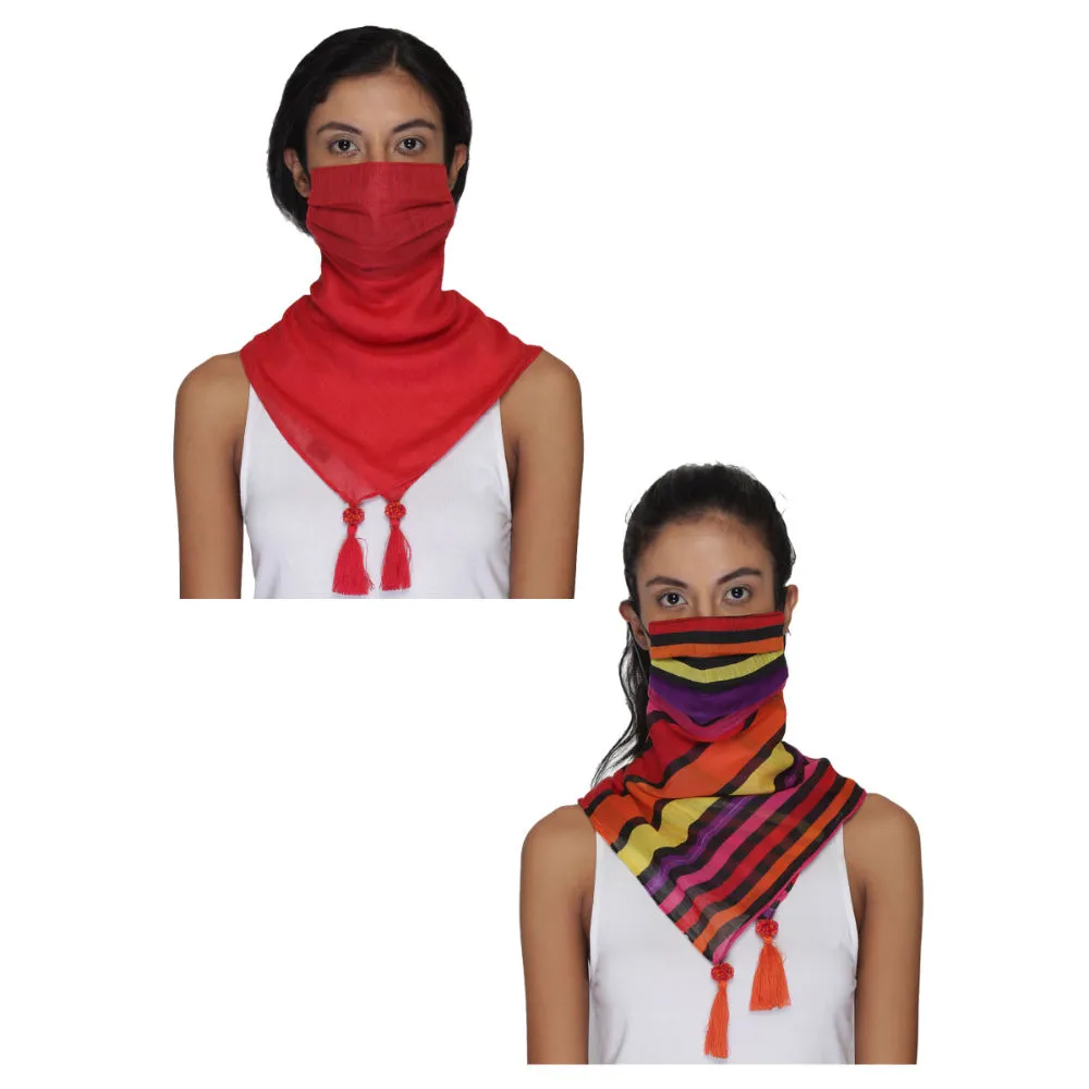 Anekaant Pack Of 2 Multicolor 3-Ply Reusable Cotton Tesselled Scarf Style Fashion Mask