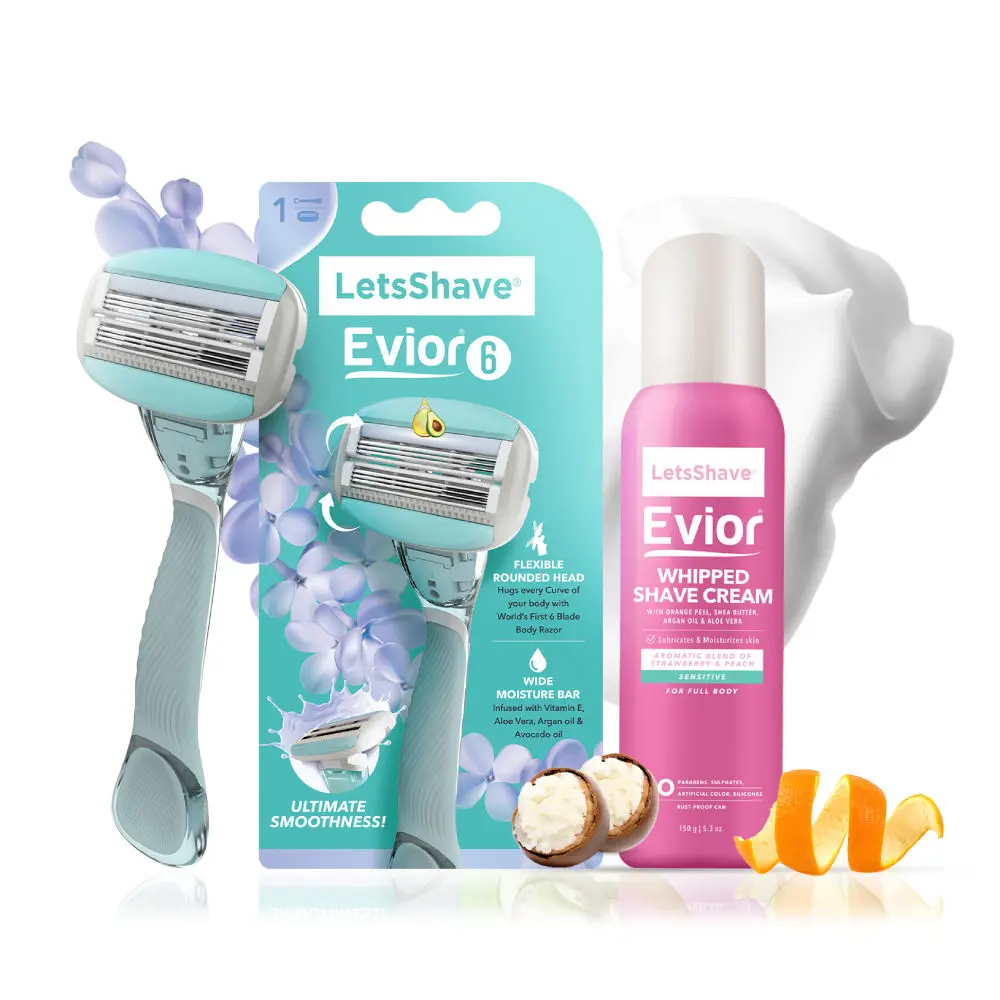 LetsShave Evior 6 Body Razor Trial Kit for Sensitive Skin - Twin Three Blade Design Razor + Women Whipped shave cream- 150 g