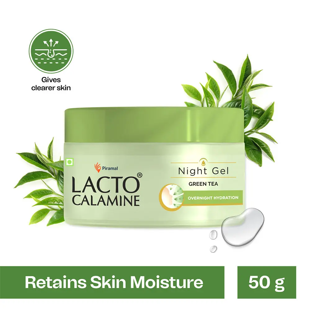 Lacto Calamine Night Gel with Green Tea, Hyaluronic acid & 5 fruit extracts for overnight hydration & moisturisation. Suitable for Oily and Acne prone skin. No Parabens, No Sulphates - 50g