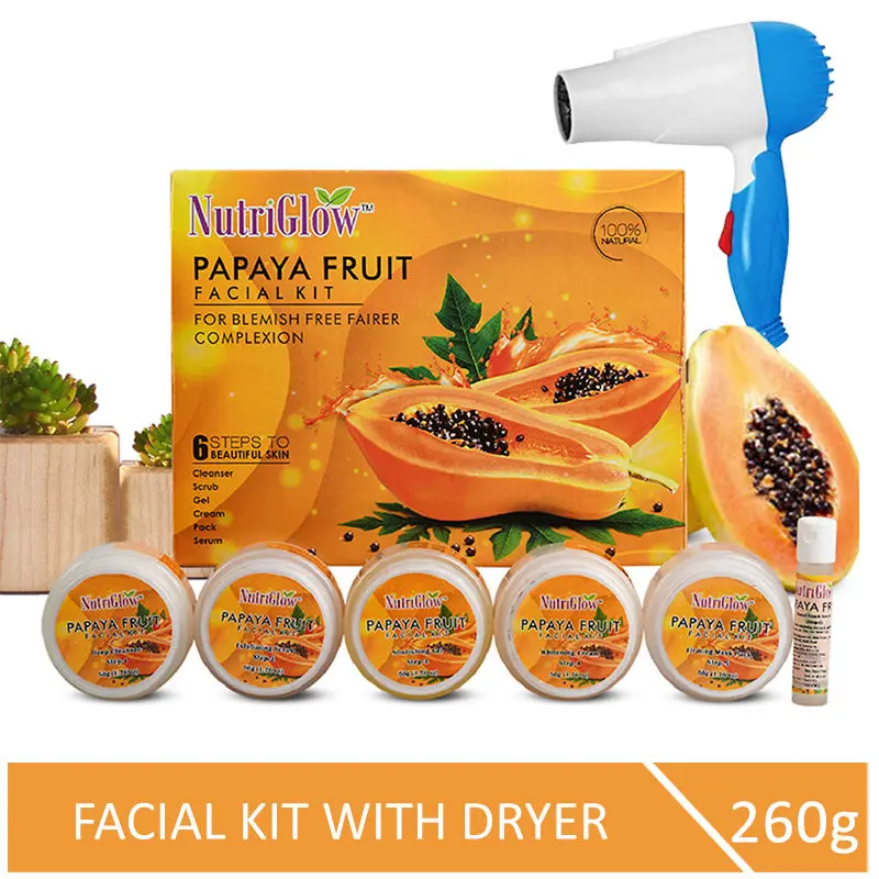 NutriGlow Papaya Fruit Facial Kit For Blemish Free Fairer Complexion (260 gm) With Blue Hair Dryer