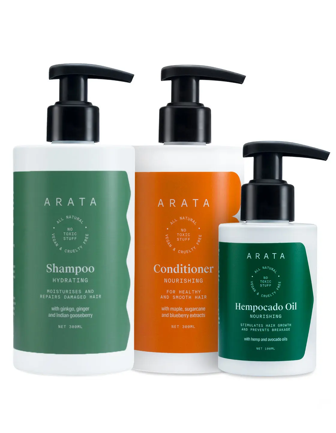 Arata Natural Daily Therapy combo for Men & Women with Hydrating Shampoo,Hempocado Oil & Hair Conditioner || All Natural,Vegan & Cruelty Free || Plant Based,Non-Toxic Daily Scalp Therapy