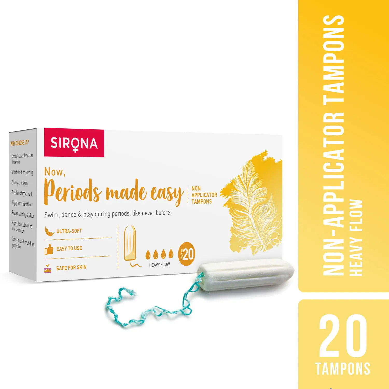 Sirona Non Applicator Tampons, Now Periods Made Easy Heavy Flow 20 Count