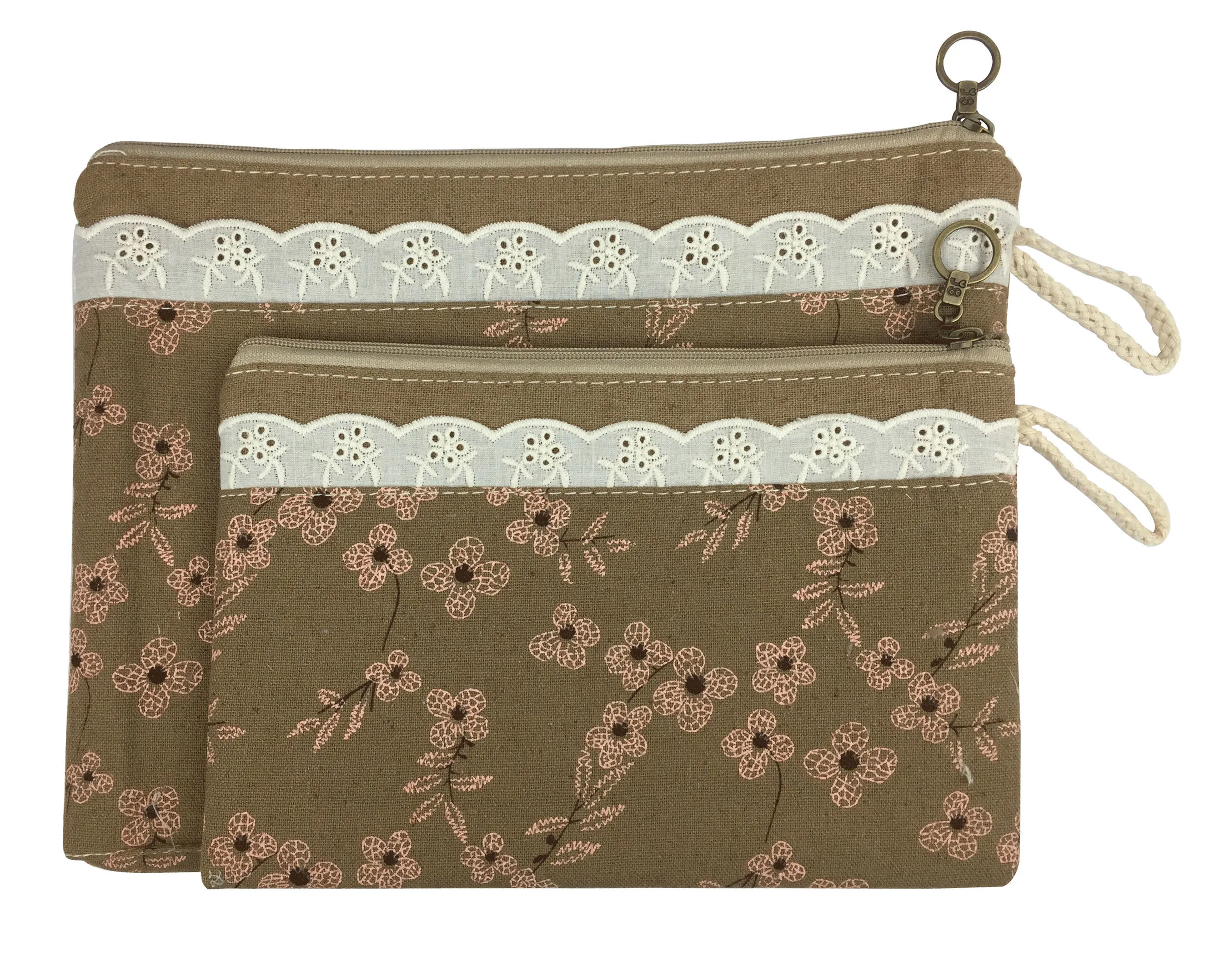 Bag of Small Things Fabric Multipurpose Brown Floral Travel Pouch - Set of 2