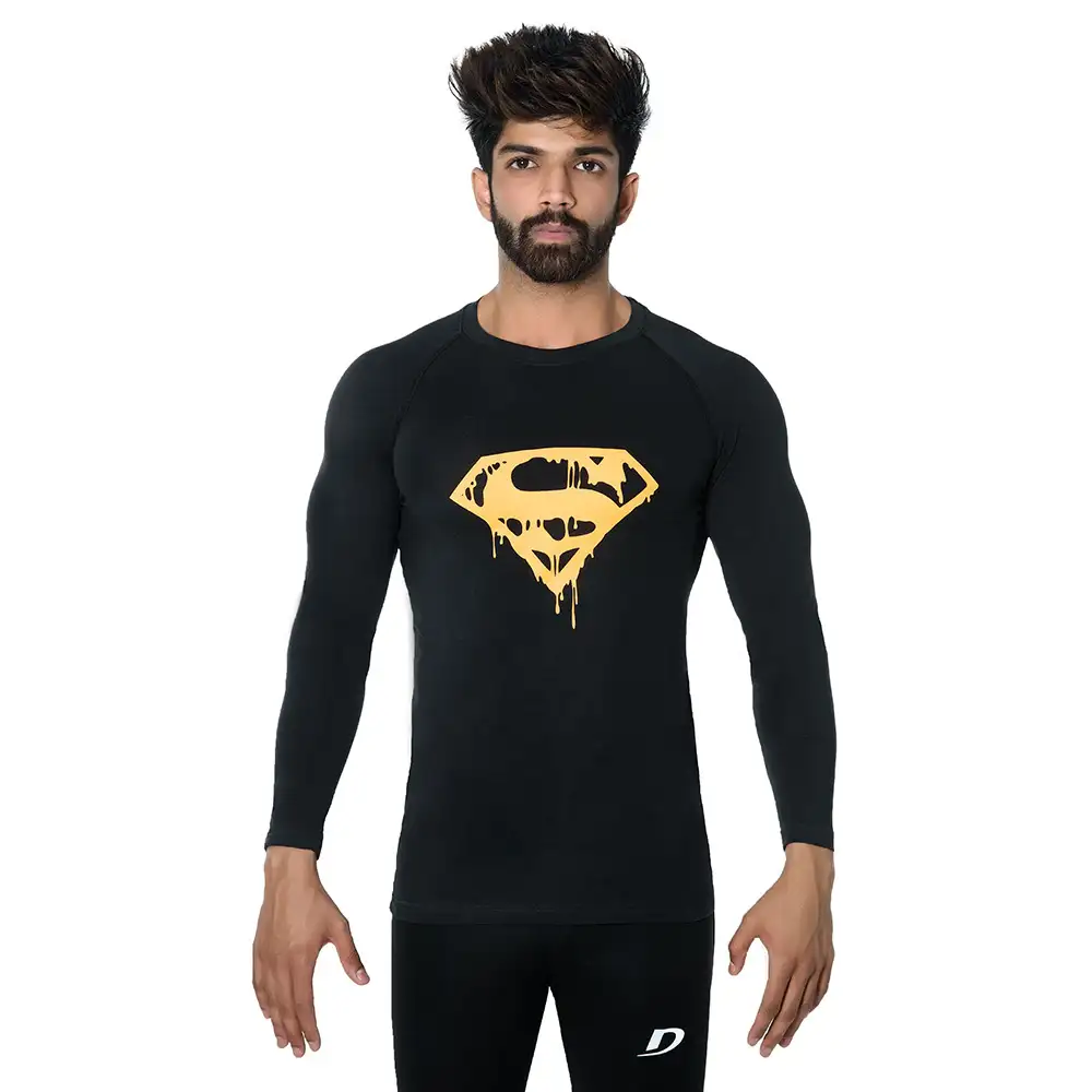 DK Active Wear Full Sleeve Gym T Shirt (Supermen),  Black and Yellow  Small