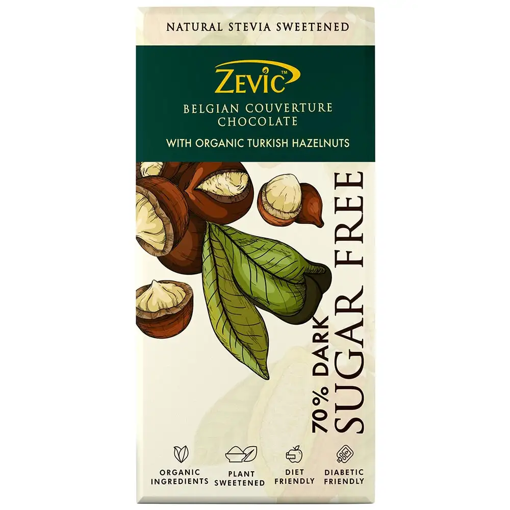 Zevic Dark Sugar Free Belgian Couverture Chocolate,  1 Piece(s)/Pack  with 70% Dark Organic Turkish Hazelnuts