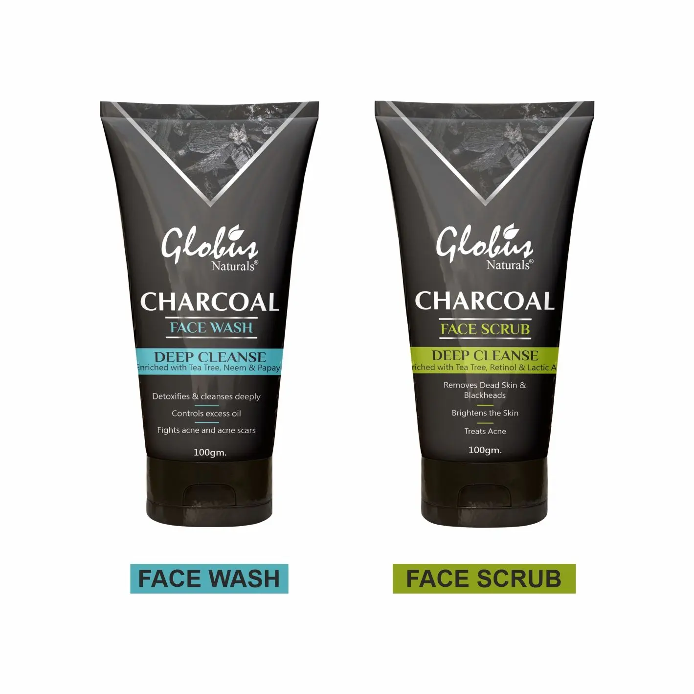 Globus Naturals Charcoal Detoxifying Combo Kit for Exfoliation, Anti-acne & Pimples, Blackhead Removal for Men & Women| Face Wash & Face Scrub (2 Items in the set)