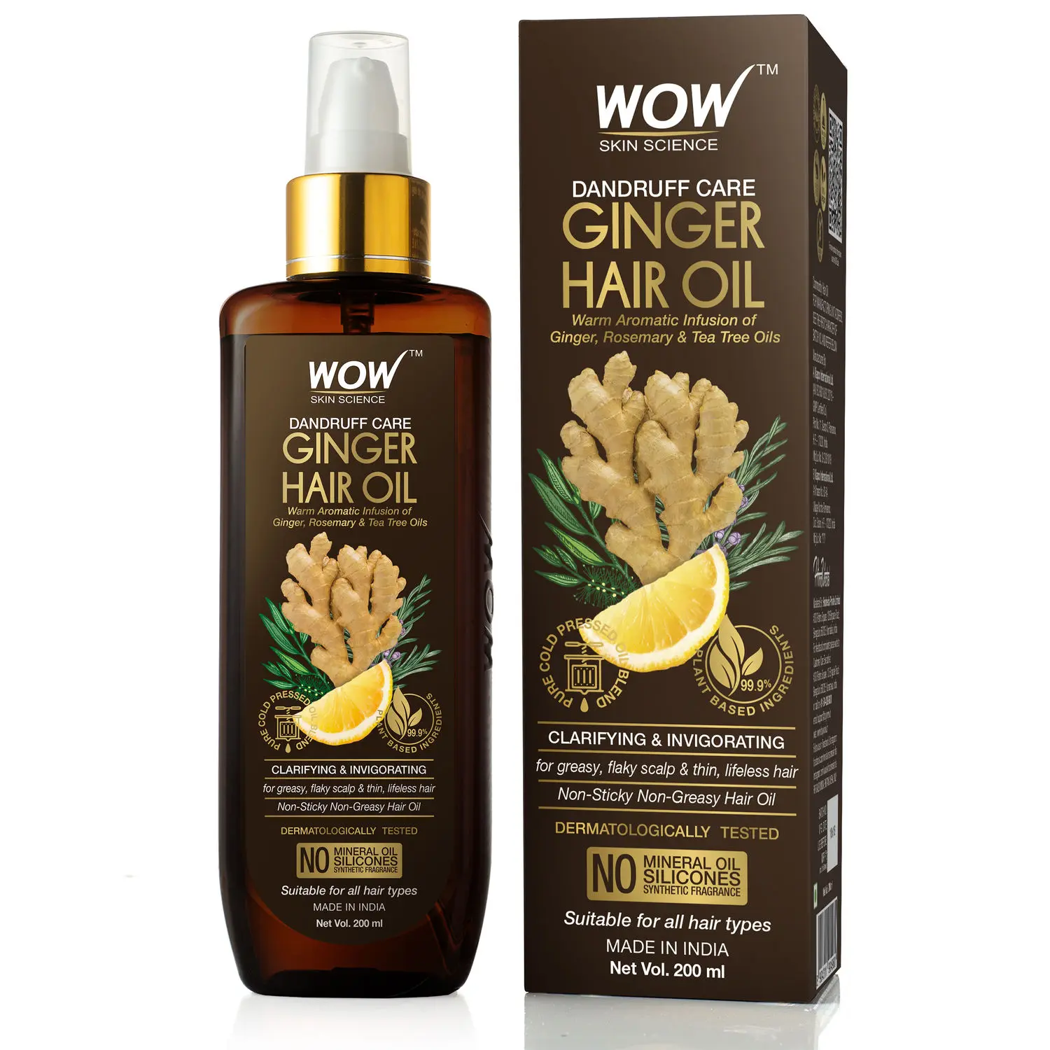 WOW Skin Science Dandruff Care Ginger Hair Oil - for Dandruff Care - for All Hair Types - Non-Sticky & Non-Greasy Hair Oil - No Mineral Oil, Silicones, Synthetic Fragrance - 200mL