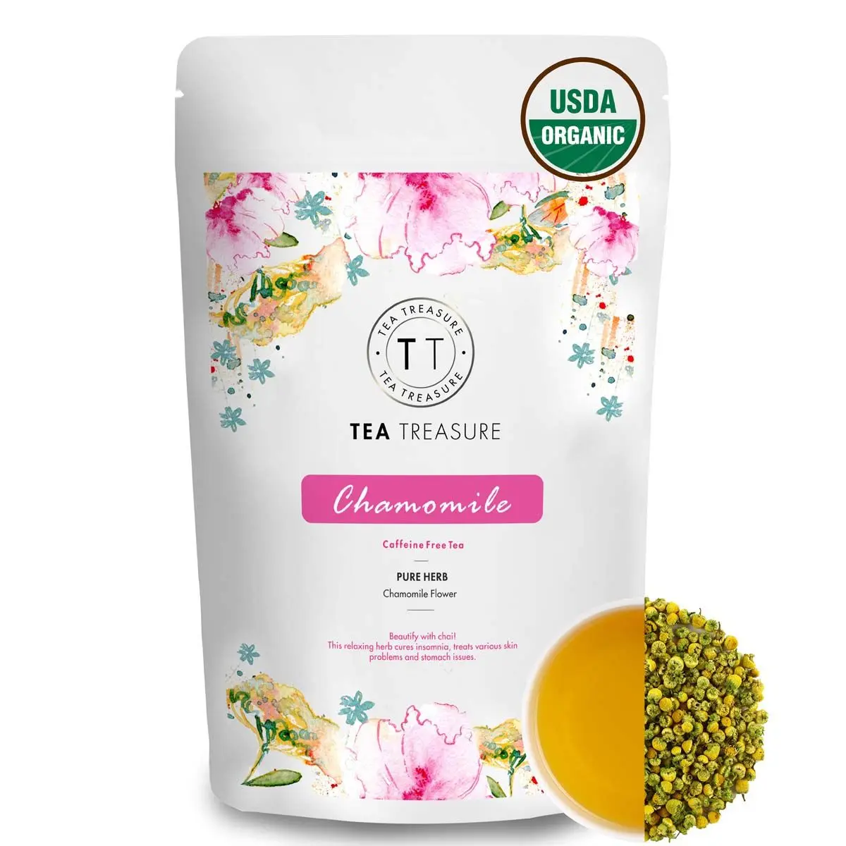 TeaTreasure Organic Pure Chamomile Tea - 100 Gm - Calming & Soothing Sleep Tea for Stress and Anxiety