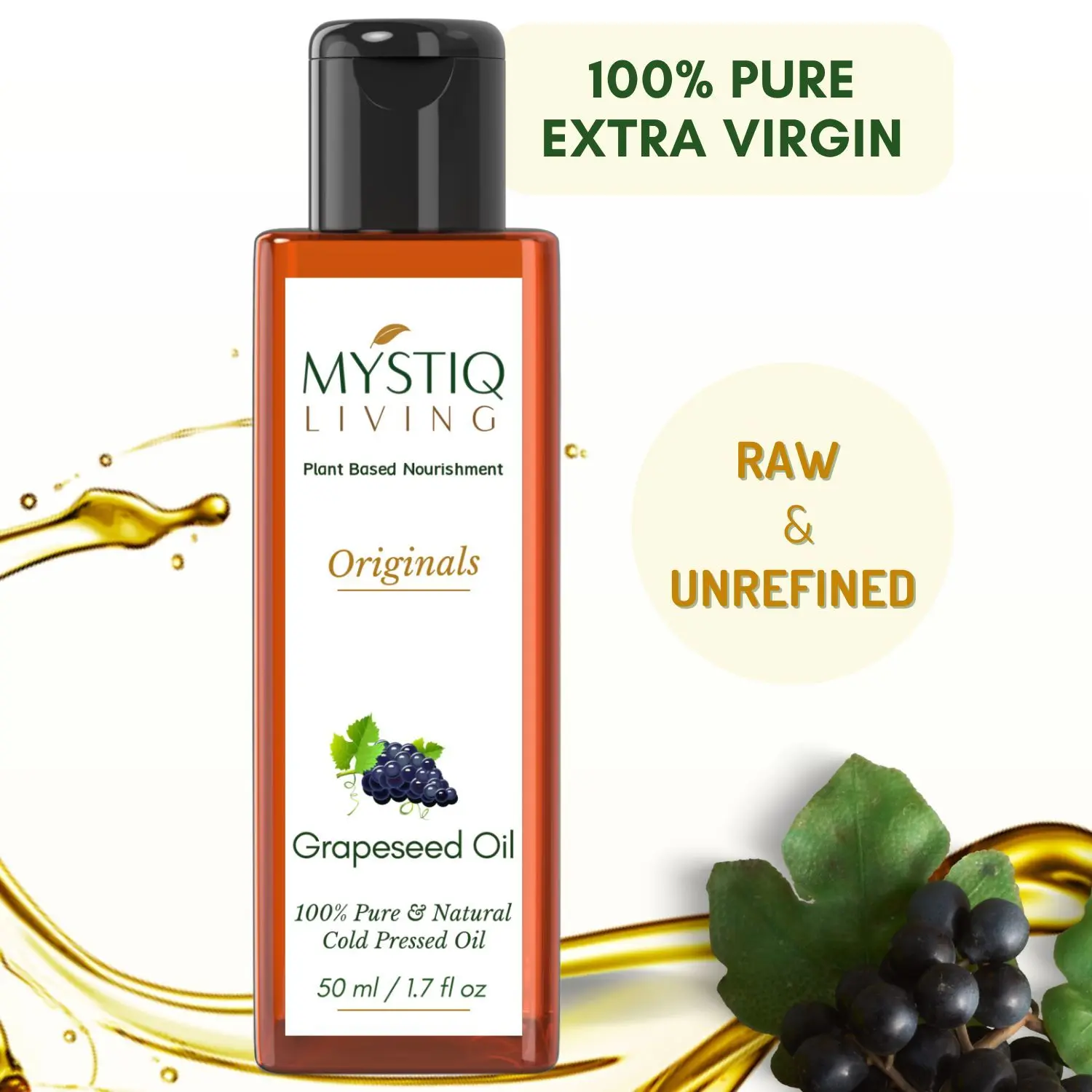 Mystiq Living Originals - Grapeseed Oil For Skin | Cold Pressed |For Face, Skin & Hair l 100% Pure and Natural - 50 ML