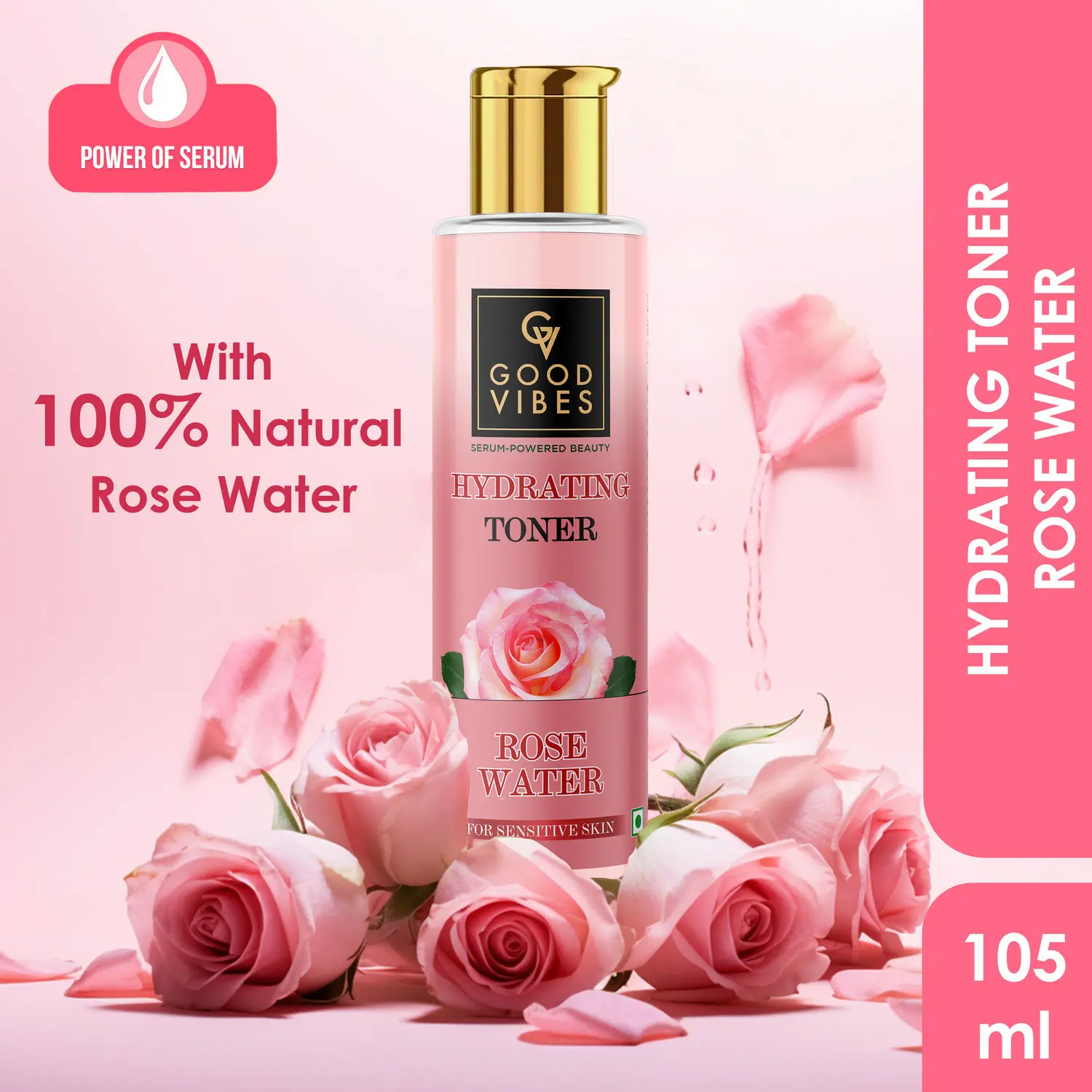 Good Vibes Hydrating Toner Rose Water with Power Of Serum (105ml) | Dermatologically Tested for Sensitive skin | With 100% Natural Rose Water